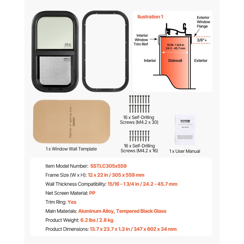 VEVOR Vertical RV Window, 12" W x 22" H Tinted Sliding RV Window with Net Screen & Trim Ring, Fit 15/16" - 1 3/4" Thickness Wall, RV Window Replacement for Teardrop Cargo Trailer Camper, DOT Approved