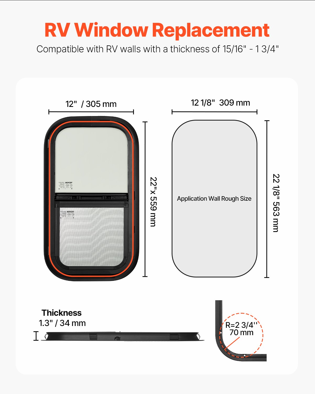 VEVOR Vertical RV Window, 12" W x 22" H Tinted Sliding RV Window with Net Screen & Trim Ring, Fit 15/16" - 1 3/4" Thickness Wall, RV Window Replacement for Teardrop Cargo Trailer Camper, DOT Approved