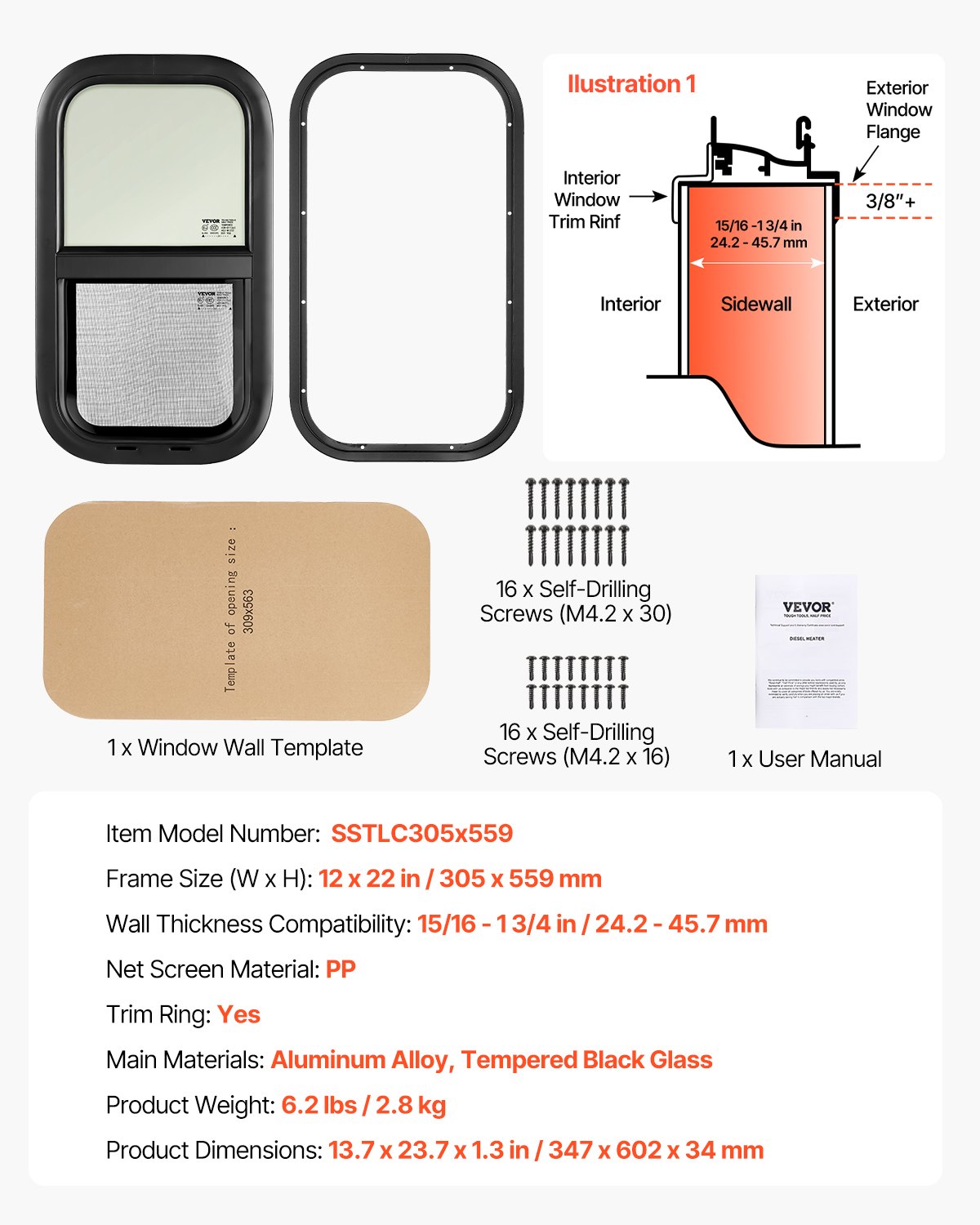 VEVOR Vertical RV Window, 12" W x 22" H Tinted Sliding RV Window with Net Screen & Trim Ring, Fit 15/16" - 1 3/4" Thickness Wall, RV Window Replacement for Teardrop Cargo Trailer Camper, DOT Approved