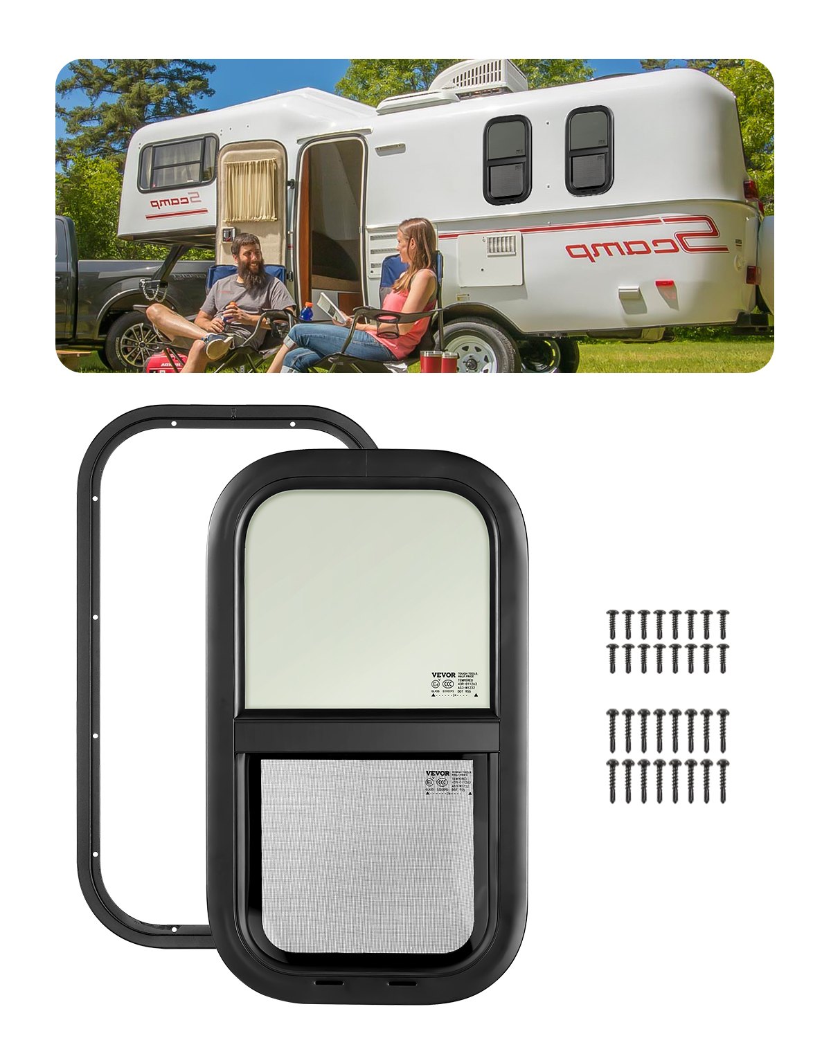 VEVOR Vertical RV Window, 12" W x 22" H Tinted Sliding RV Window with Net Screen & Trim Ring, Fit 15/16" - 1 3/4" Thickness Wall, RV Window Replacement for Teardrop Cargo Trailer Camper, DOT Approved
