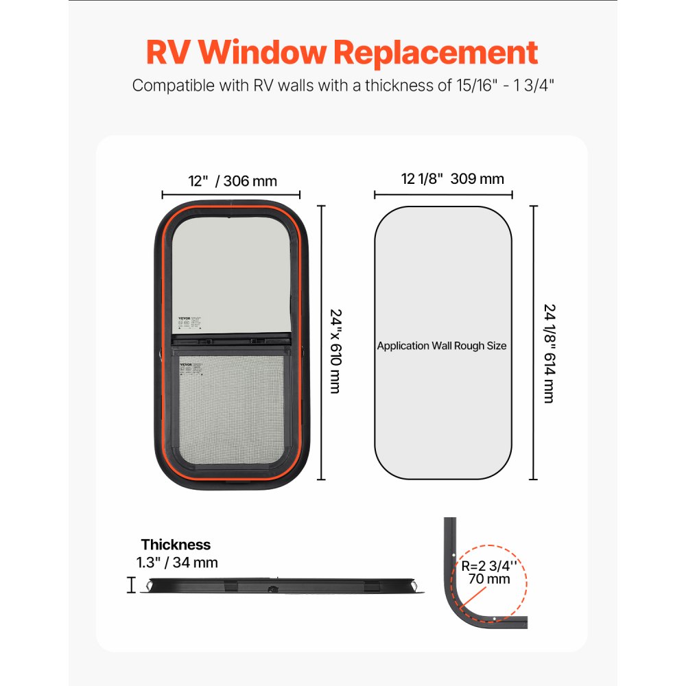 VEVOR Vertical RV Window, 12" W x 24" H Tinted Sliding RV Window with Net Screen & Trim Ring, Fit 15/16" - 1 3/4" Thickness Wall, RV Window Replacement for Teardrop Cargo Trailer Camper, DOT Approved