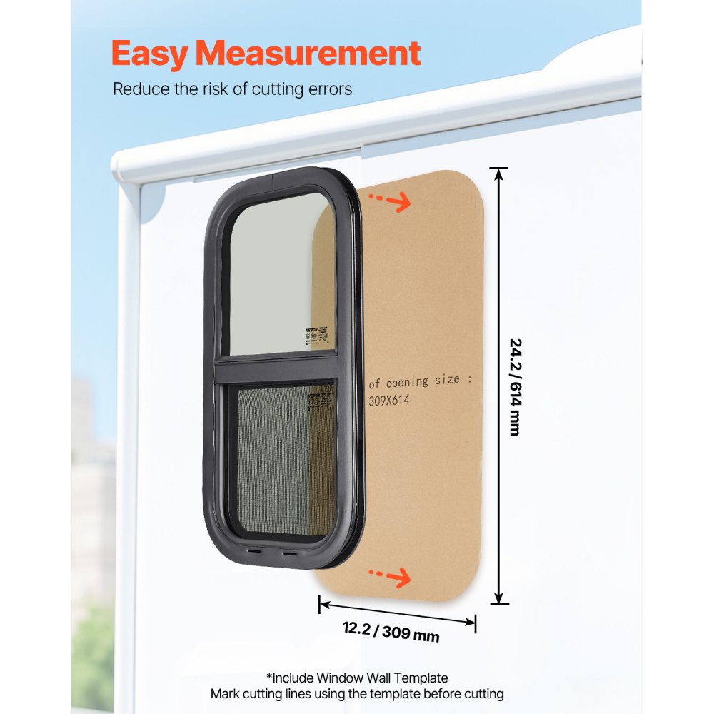 VEVOR Vertical RV Window, 12" W x 24" H Tinted Sliding RV Window with Net Screen & Trim Ring, Fit 15/16" - 1 3/4" Thickness Wall, RV Window Replacement for Teardrop Cargo Trailer Camper, DOT Approved