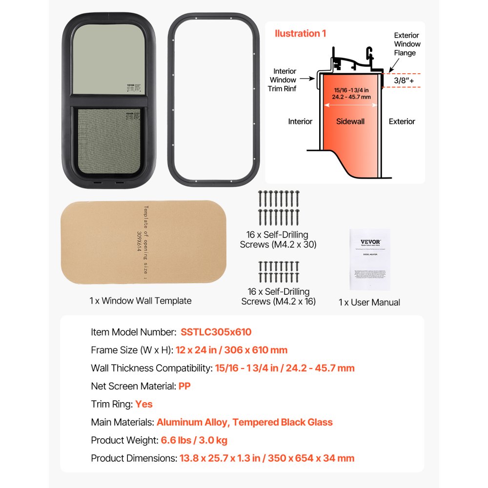 VEVOR Vertical RV Window, 12" W x 24" H Tinted Sliding RV Window with Net Screen & Trim Ring, Fit 15/16" - 1 3/4" Thickness Wall, RV Window Replacement for Teardrop Cargo Trailer Camper, DOT Approved