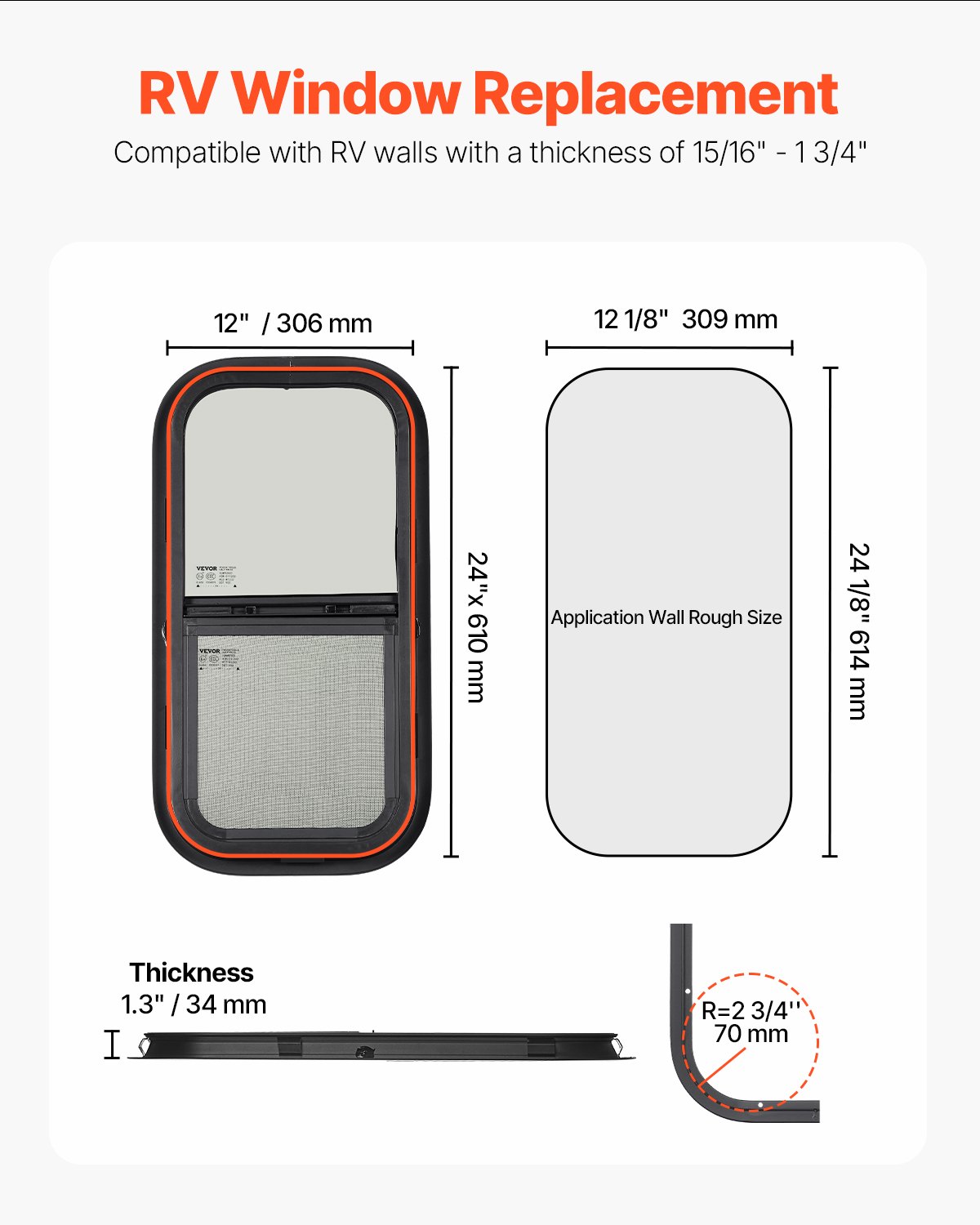 VEVOR Vertical RV Window, 12" W x 24" H Tinted Sliding RV Window with Net Screen & Trim Ring, Fit 15/16" - 1 3/4" Thickness Wall, RV Window Replacement for Teardrop Cargo Trailer Camper, DOT Approved