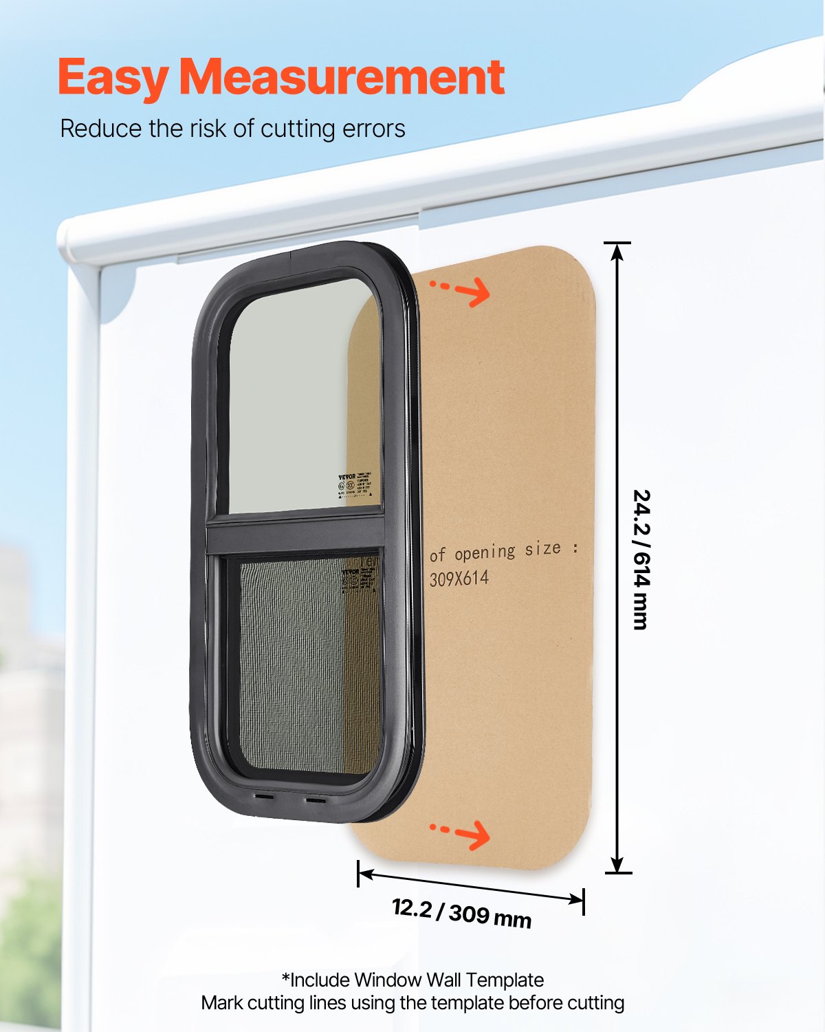 VEVOR Vertical RV Window, 12" W x 24" H Tinted Sliding RV Window with Net Screen & Trim Ring, Fit 15/16" - 1 3/4" Thickness Wall, RV Window Replacement for Teardrop Cargo Trailer Camper, DOT Approved