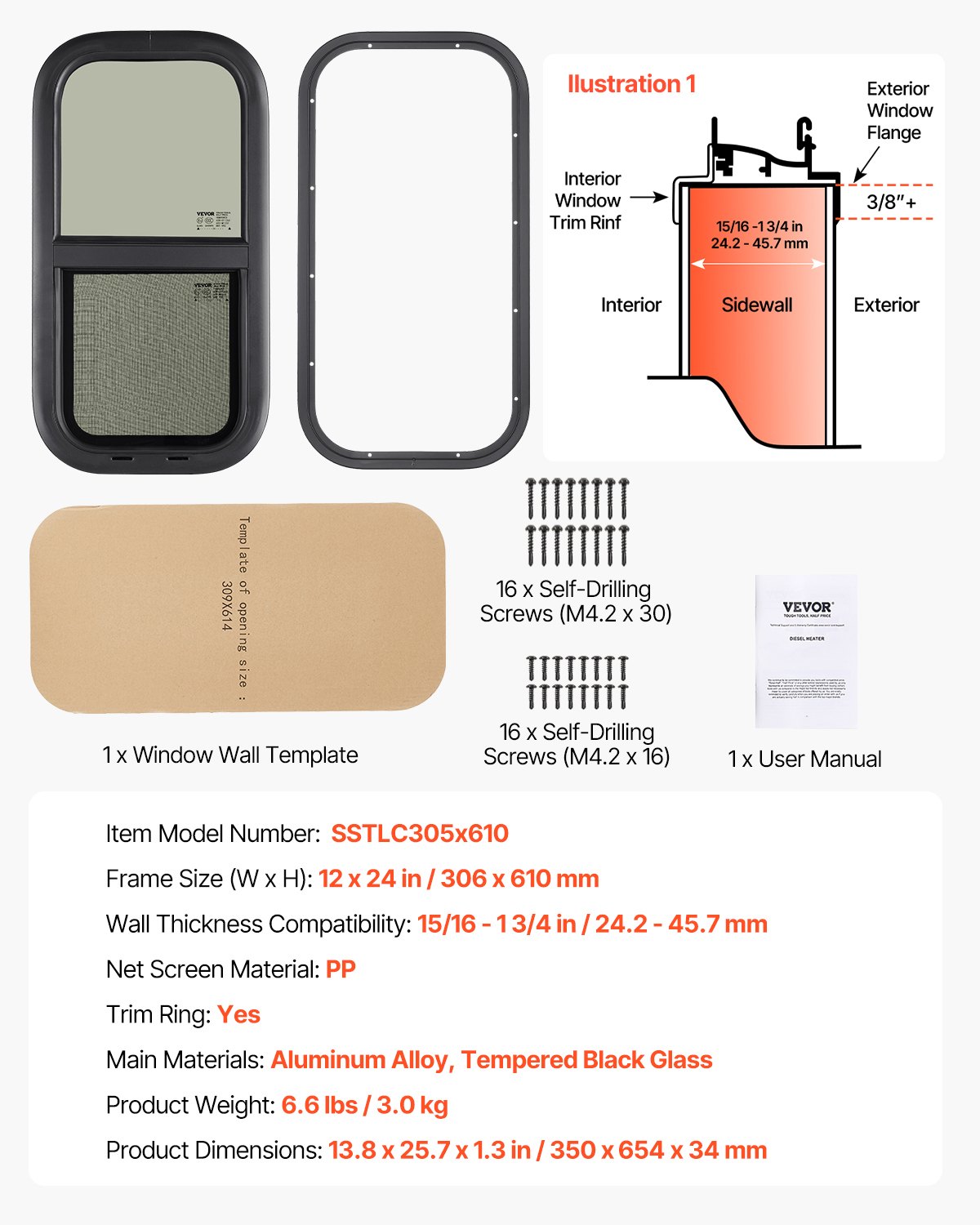 VEVOR Vertical RV Window, 12" W x 24" H Tinted Sliding RV Window with Net Screen & Trim Ring, Fit 15/16" - 1 3/4" Thickness Wall, RV Window Replacement for Teardrop Cargo Trailer Camper, DOT Approved