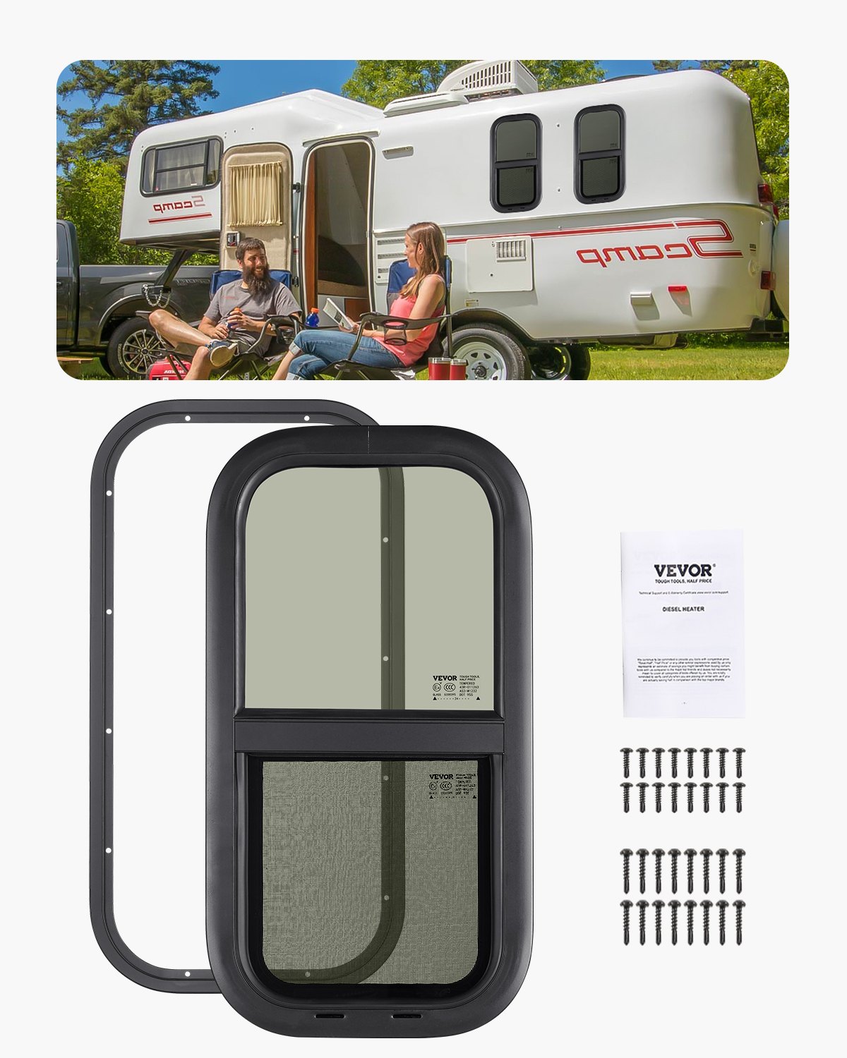 VEVOR Vertical RV Window, 12" W x 24" H Tinted Sliding RV Window with Net Screen & Trim Ring, Fit 15/16" - 1 3/4" Thickness Wall, RV Window Replacement for Teardrop Cargo Trailer Camper, DOT Approved