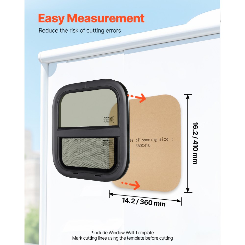 VEVOR Vertical RV Window, 14" W x 16" H Tinted Sliding RV Window with Net Screen & Trim Ring, Fit 15/16" - 1 3/4" Thickness Wall, RV Window Replacement for Teardrop Cargo Trailer Camper, DOT Approved