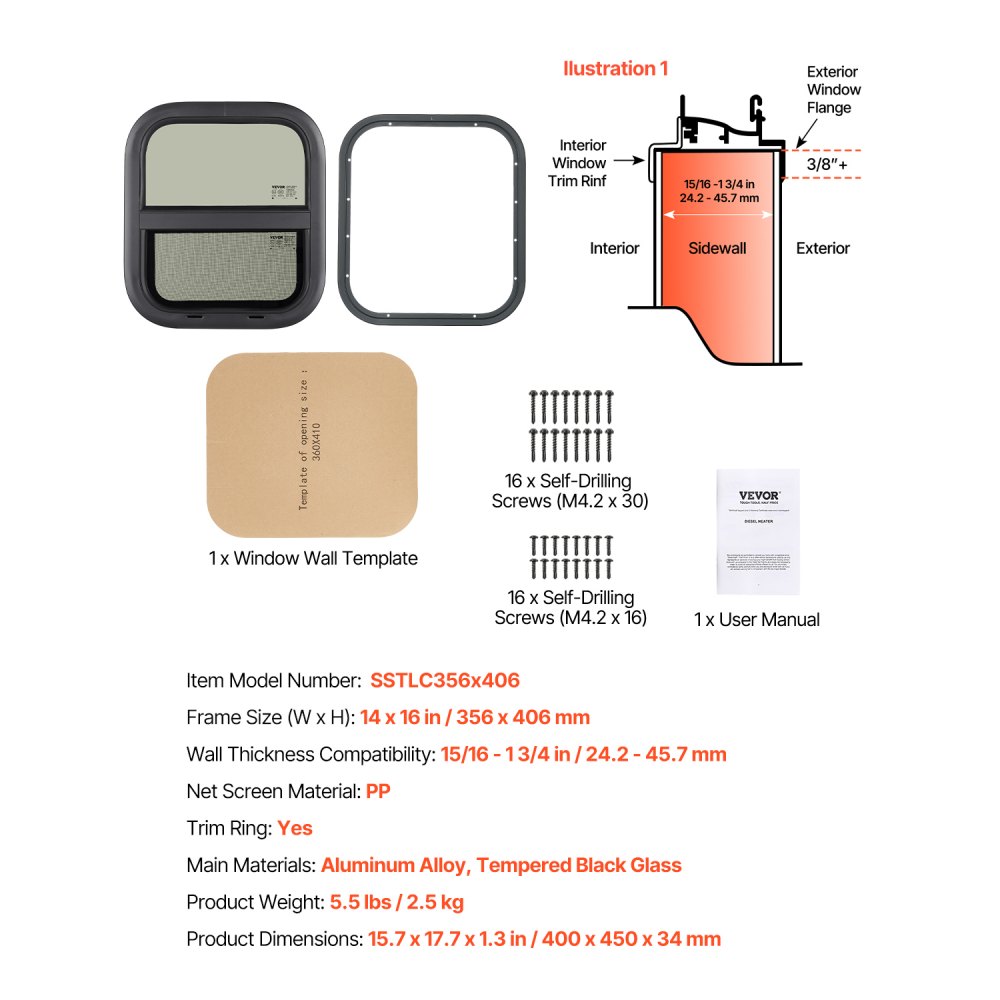 VEVOR Vertical RV Window, 14" W x 16" H Tinted Sliding RV Window with Net Screen & Trim Ring, Fit 15/16" - 1 3/4" Thickness Wall, RV Window Replacement for Teardrop Cargo Trailer Camper, DOT Approved