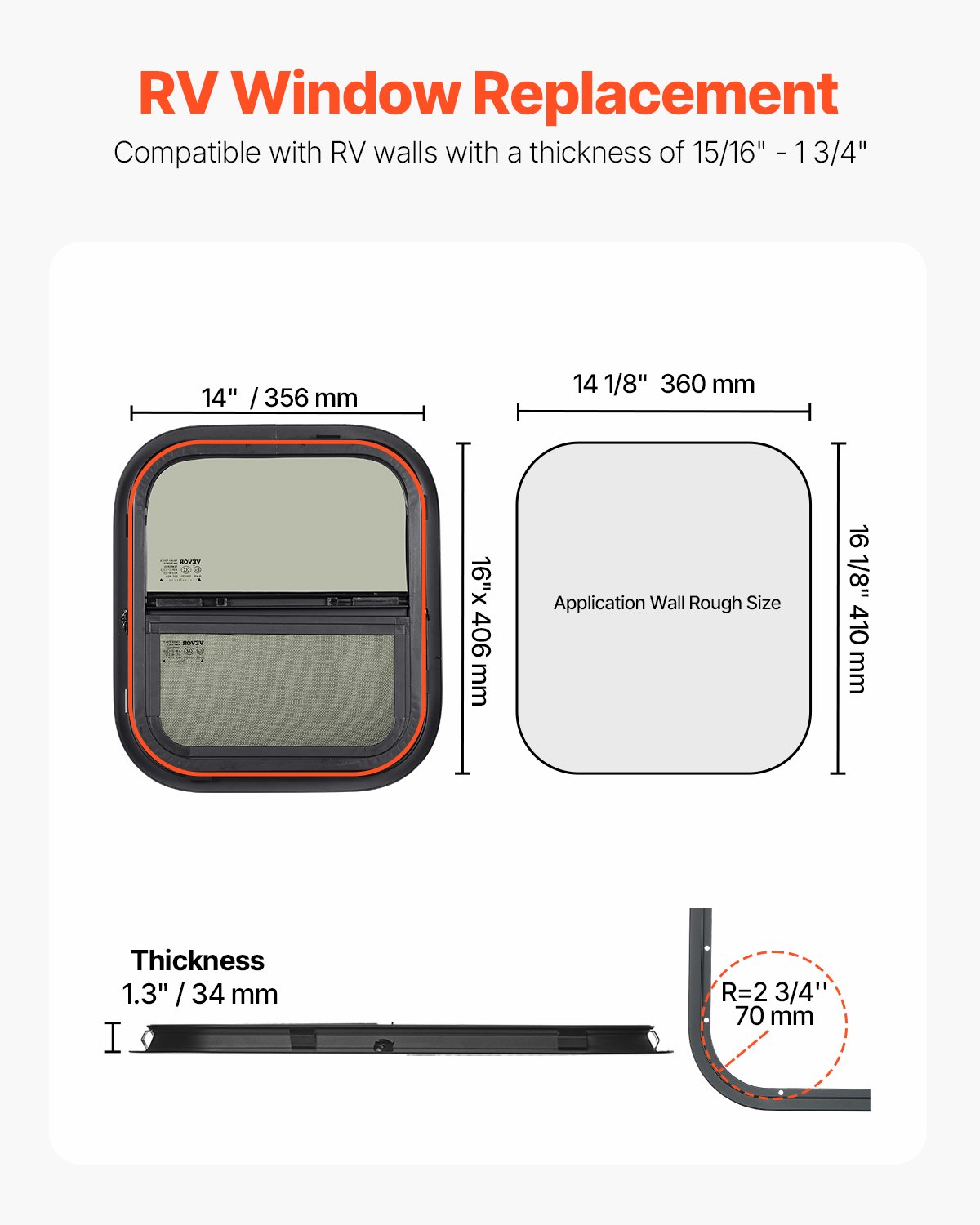 VEVOR Vertical RV Window, 14" W x 16" H Tinted Sliding RV Window with Net Screen & Trim Ring, Fit 15/16" - 1 3/4" Thickness Wall, RV Window Replacement for Teardrop Cargo Trailer Camper, DOT Approved