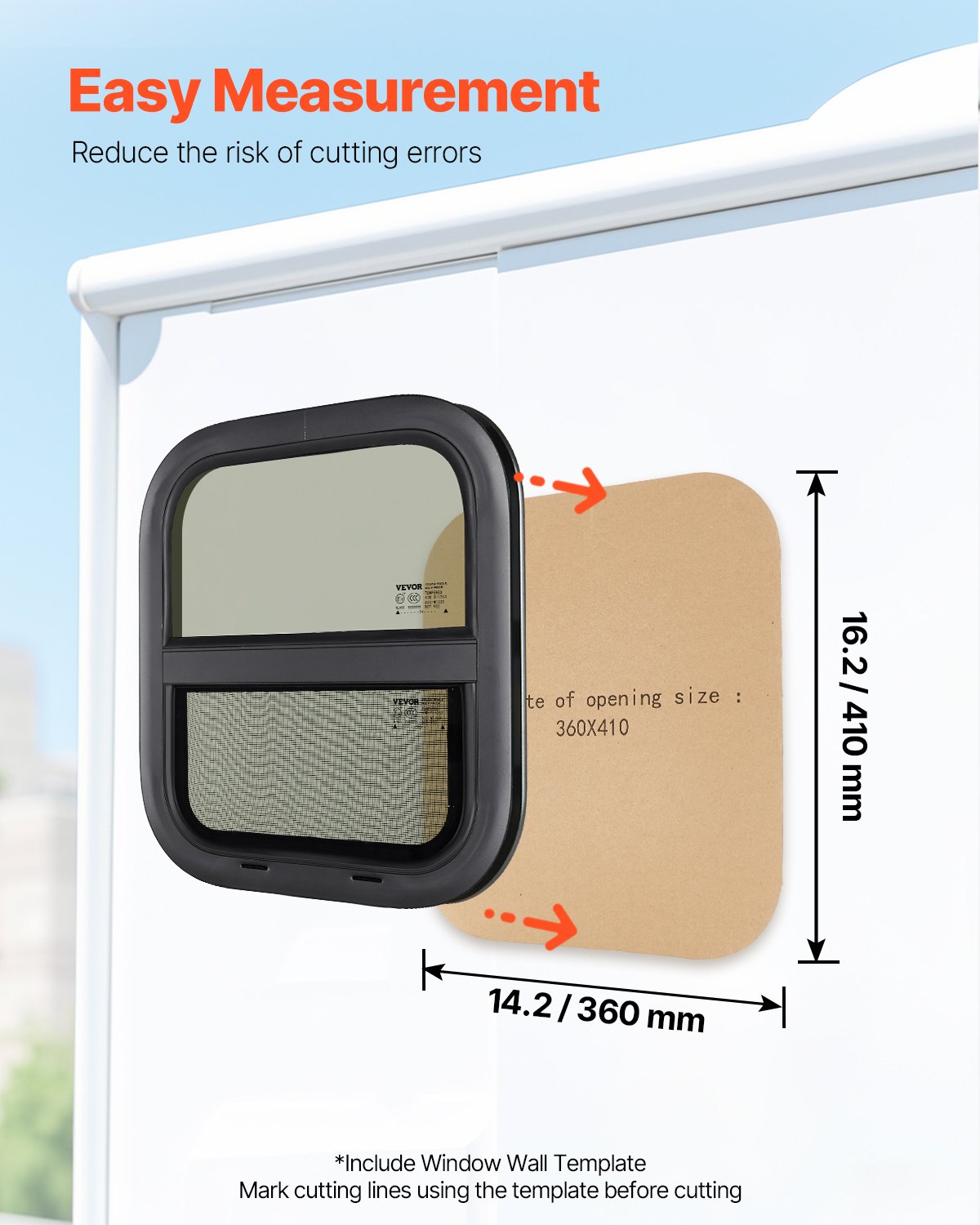 VEVOR Vertical RV Window, 14" W x 16" H Tinted Sliding RV Window with Net Screen & Trim Ring, Fit 15/16" - 1 3/4" Thickness Wall, RV Window Replacement for Teardrop Cargo Trailer Camper, DOT Approved