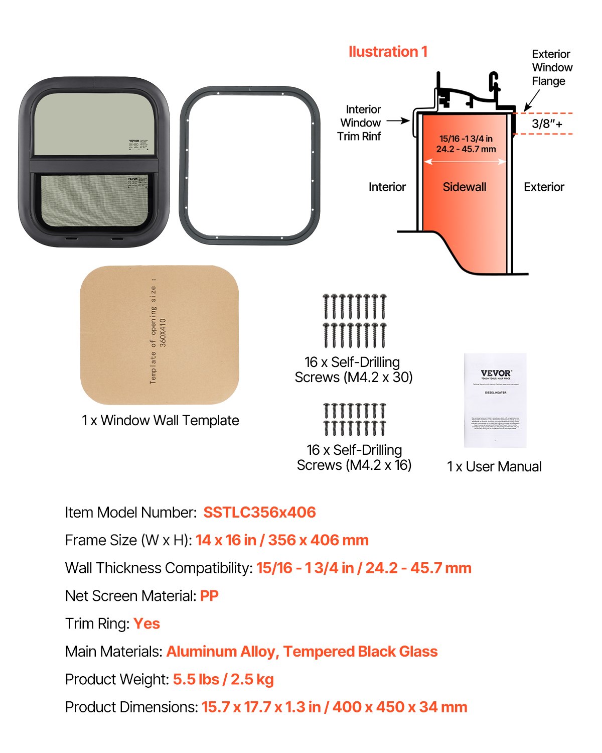 VEVOR Vertical RV Window, 14" W x 16" H Tinted Sliding RV Window with Net Screen & Trim Ring, Fit 15/16" - 1 3/4" Thickness Wall, RV Window Replacement for Teardrop Cargo Trailer Camper, DOT Approved