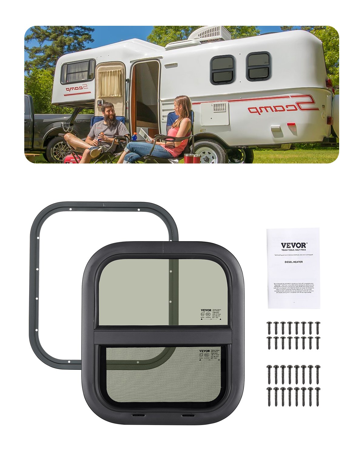 VEVOR Vertical RV Window, 14" W x 16" H Tinted Sliding RV Window with Net Screen & Trim Ring, Fit 15/16" - 1 3/4" Thickness Wall, RV Window Replacement for Teardrop Cargo Trailer Camper, DOT Approved