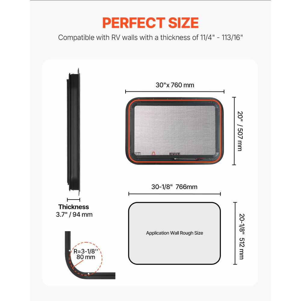 VEVOR RV Exit Window, 30" W x 20" H Tinted RV Window with Net Screen and Trim Ring, Fit for 1 1/4" - 1 13/16" Thickness Wall, RV Window Replacement for Teardrop Cargo Trailer Camper, DOT Approved