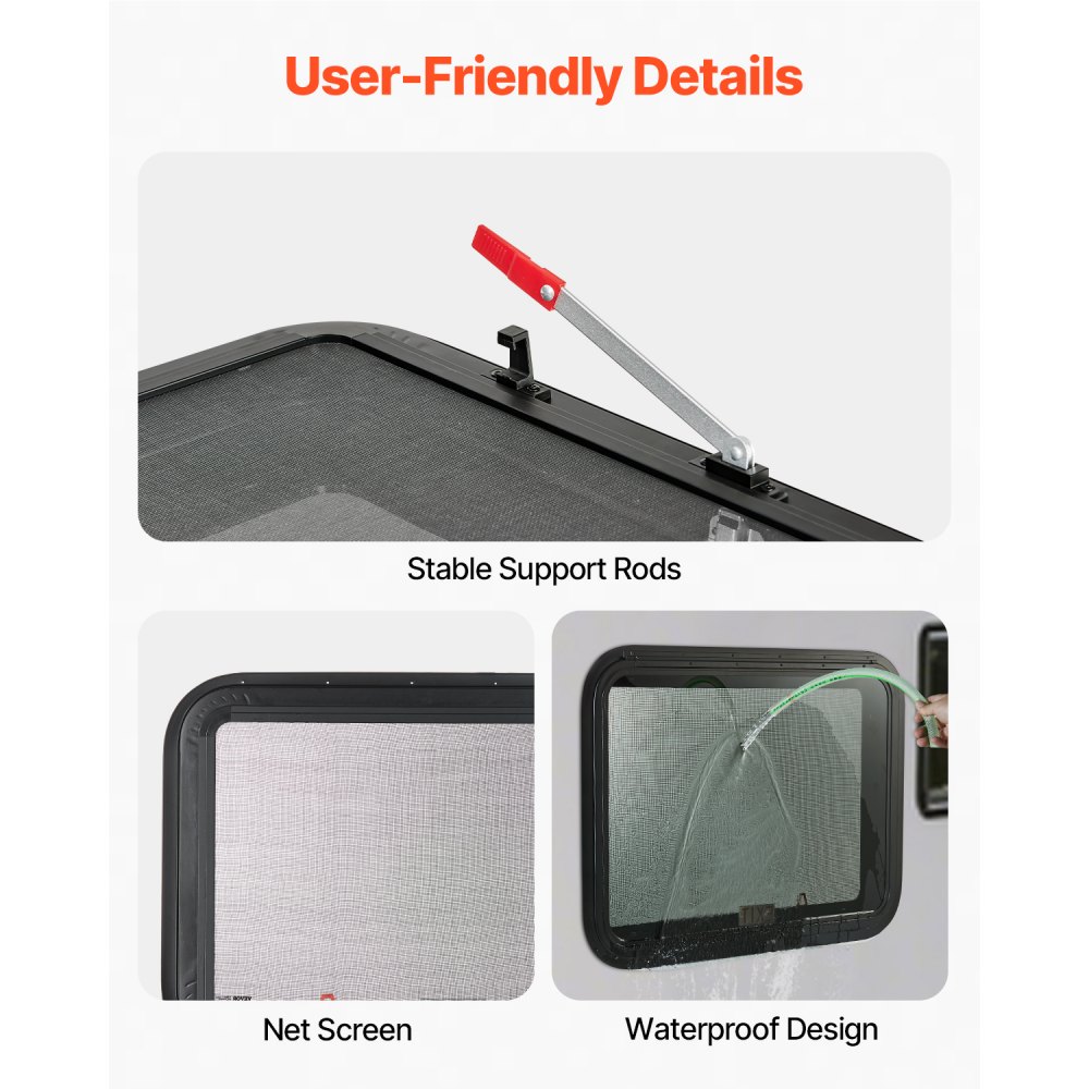 VEVOR RV Exit Window, 30" W x 20" H Tinted RV Window with Net Screen and Trim Ring, Fit for 1 1/4" - 1 13/16" Thickness Wall, RV Window Replacement for Teardrop Cargo Trailer Camper, DOT Approved