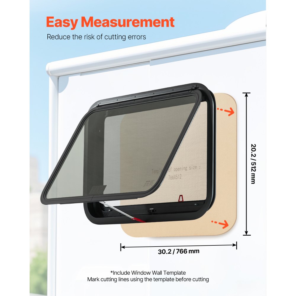 VEVOR RV Exit Window, 30" W x 20" H Tinted RV Window with Net Screen and Trim Ring, Fit for 1 1/4" - 1 13/16" Thickness Wall, RV Window Replacement for Teardrop Cargo Trailer Camper, DOT Approved