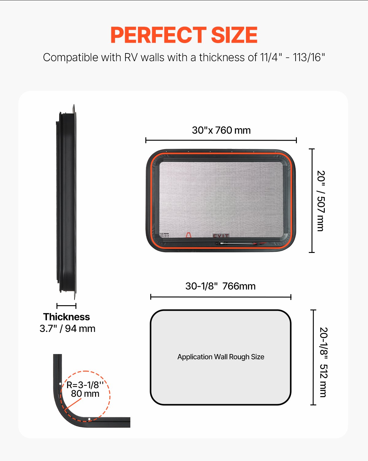 VEVOR RV Exit Window, 30" W x 20" H Tinted RV Window with Net Screen and Trim Ring, Fit for 1 1/4" - 1 13/16" Thickness Wall, RV Window Replacement for Teardrop Cargo Trailer Camper, DOT Approved