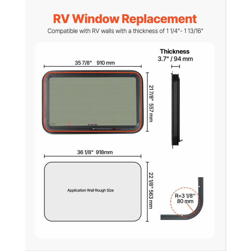 VEVOR RV Exit Window, 36" W x 22" H Tinted RV Window with Net Screen and Trim Ring, Fit for 1 1/4" - 1 13/16" Thickness Wall, RV Window Replacement for Teardrop Cargo Trailer Camper, DOT Approved
