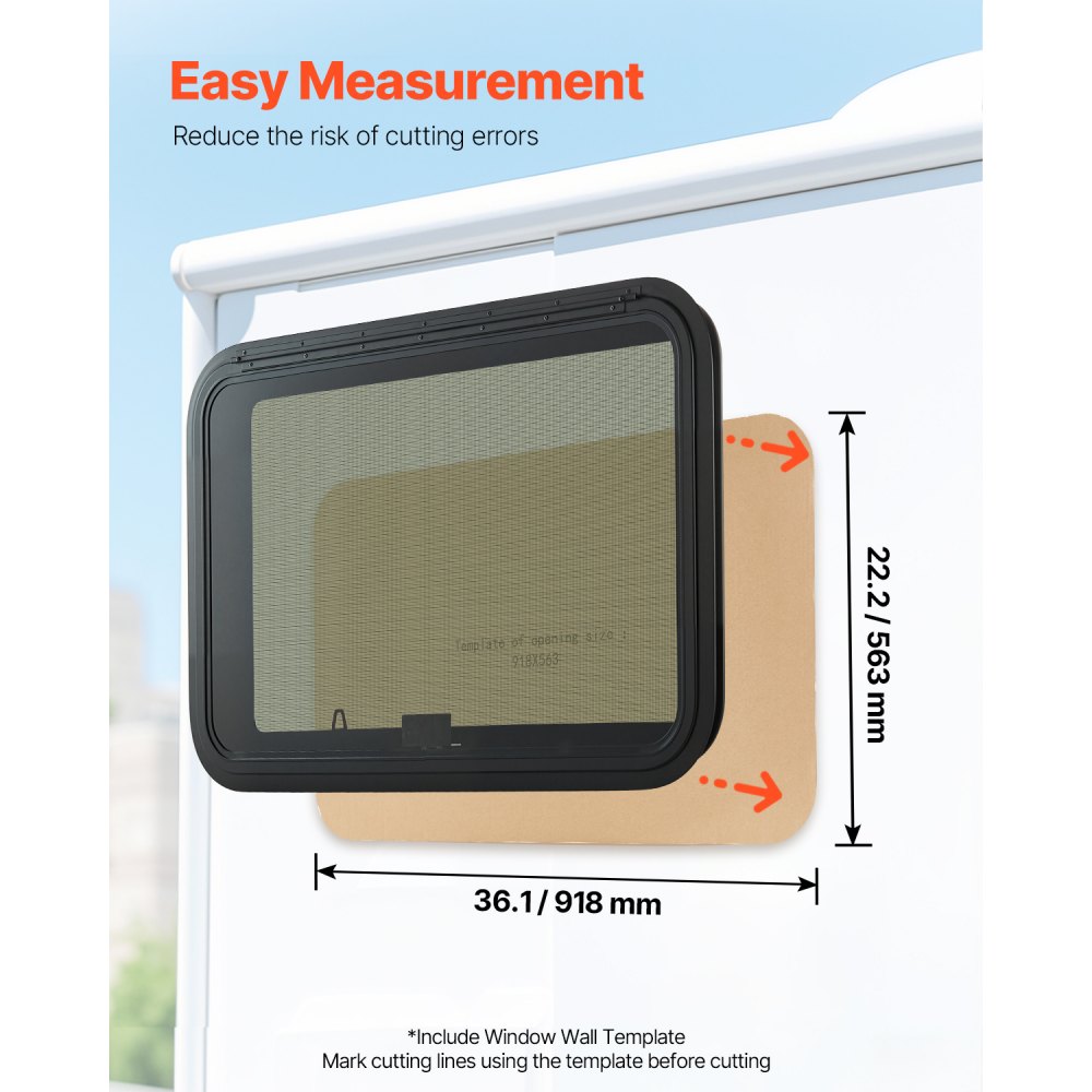 VEVOR RV Exit Window, 36" W x 22" H Tinted RV Window with Net Screen and Trim Ring, Fit for 1 1/4" - 1 13/16" Thickness Wall, RV Window Replacement for Teardrop Cargo Trailer Camper, DOT Approved