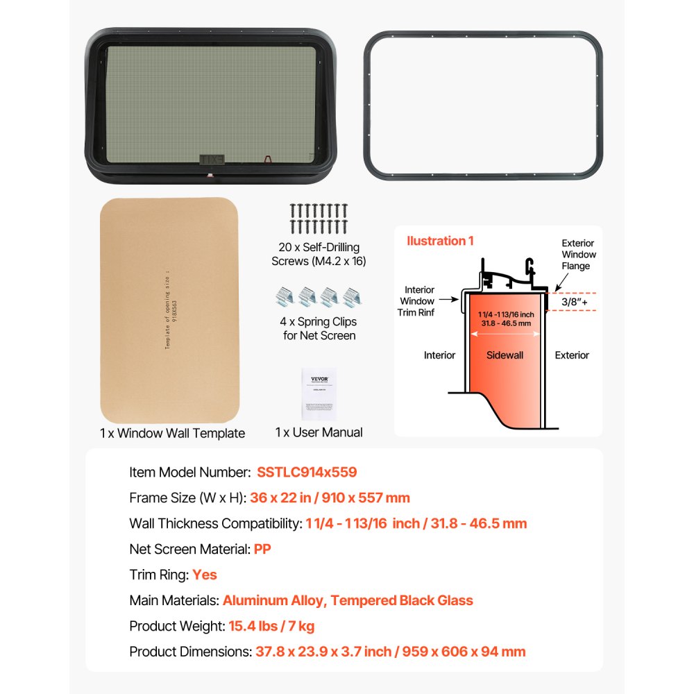 VEVOR RV Exit Window, 36" W x 22" H Tinted RV Window with Net Screen and Trim Ring, Fit for 1 1/4" - 1 13/16" Thickness Wall, RV Window Replacement for Teardrop Cargo Trailer Camper, DOT Approved