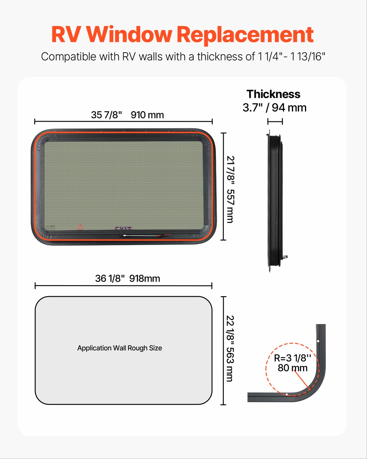 VEVOR RV Exit Window, 36" W x 22" H Tinted RV Window with Net Screen and Trim Ring, Fit for 1 1/4" - 1 13/16" Thickness Wall, RV Window Replacement for Teardrop Cargo Trailer Camper, DOT Approved