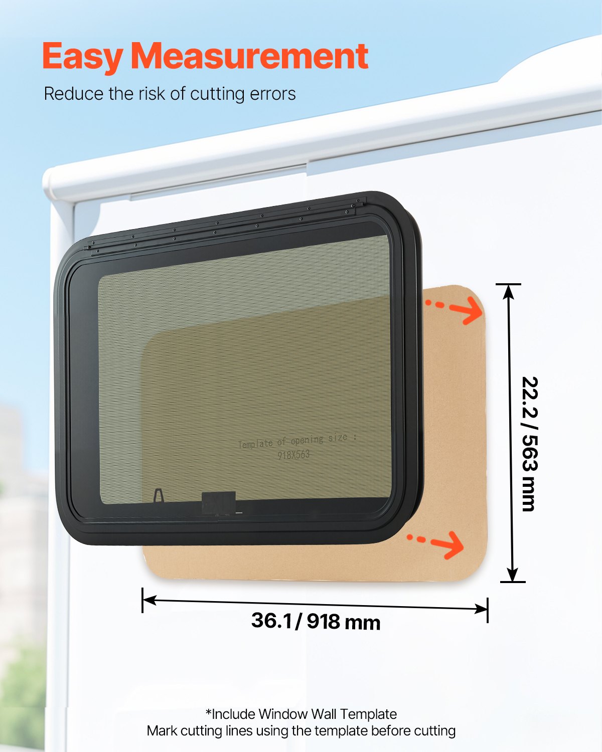 VEVOR RV Exit Window, 36" W x 22" H Tinted RV Window with Net Screen and Trim Ring, Fit for 1 1/4" - 1 13/16" Thickness Wall, RV Window Replacement for Teardrop Cargo Trailer Camper, DOT Approved