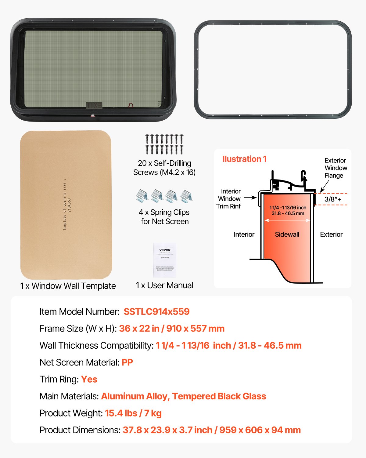 VEVOR RV Exit Window, 36" W x 22" H Tinted RV Window with Net Screen and Trim Ring, Fit for 1 1/4" - 1 13/16" Thickness Wall, RV Window Replacement for Teardrop Cargo Trailer Camper, DOT Approved