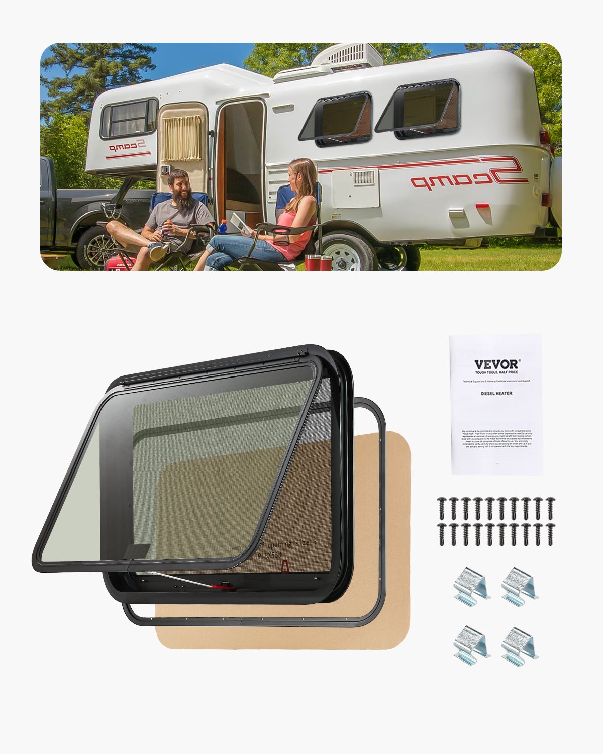 VEVOR RV Exit Window, 36" W x 22" H Tinted RV Window with Net Screen and Trim Ring, Fit for 1 1/4" - 1 13/16" Thickness Wall, RV Window Replacement for Teardrop Cargo Trailer Camper, DOT Approved