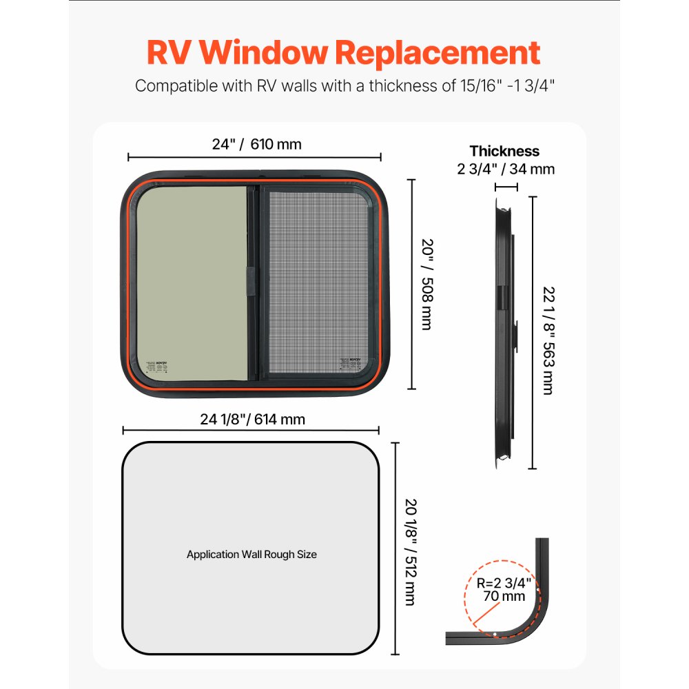 VEVOR Horizontal RV Window, 24" W x 20" H Tinted Sliding RV Window with Net Screen & Trim Ring, Fit 15/16"-1 3/4" Thickness Wall, RV Window Replacement for Teardrop Cargo Trailer Camper, DOT Approved