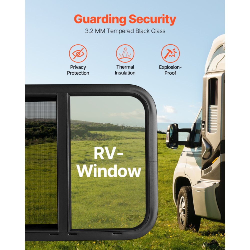 VEVOR Horizontal RV Window, 24" W x 20" H Tinted Sliding RV Window with Net Screen & Trim Ring, Fit 15/16"-1 3/4" Thickness Wall, RV Window Replacement for Teardrop Cargo Trailer Camper, DOT Approved