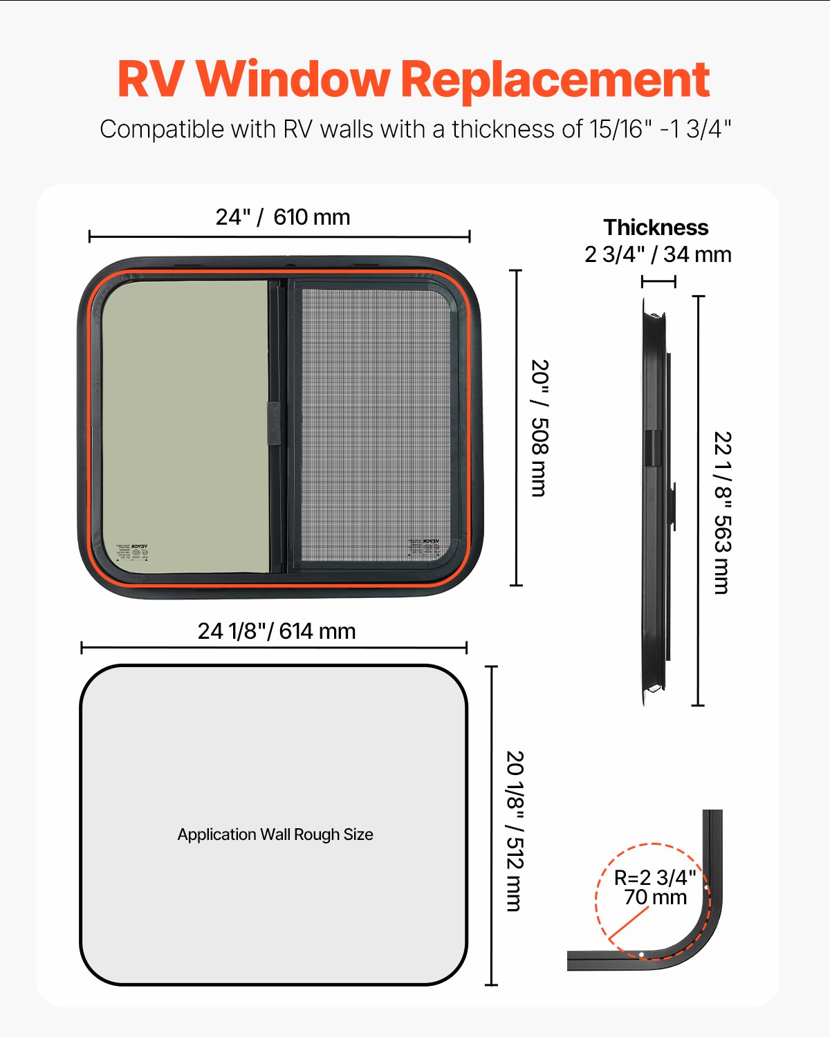 VEVOR Horizontal RV Window, 24" W x 20" H Tinted Sliding RV Window with Net Screen & Trim Ring, Fit 15/16"-1 3/4" Thickness Wall, RV Window Replacement for Teardrop Cargo Trailer Camper, DOT Approved