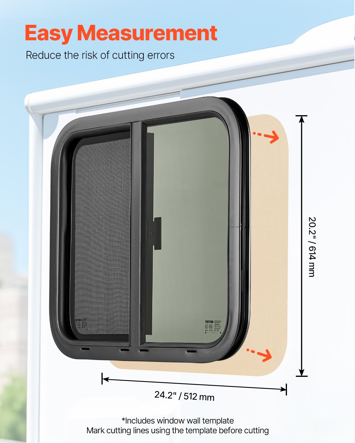 VEVOR Horizontal RV Window, 24" W x 20" H Tinted Sliding RV Window with Net Screen & Trim Ring, Fit 15/16"-1 3/4" Thickness Wall, RV Window Replacement for Teardrop Cargo Trailer Camper, DOT Approved
