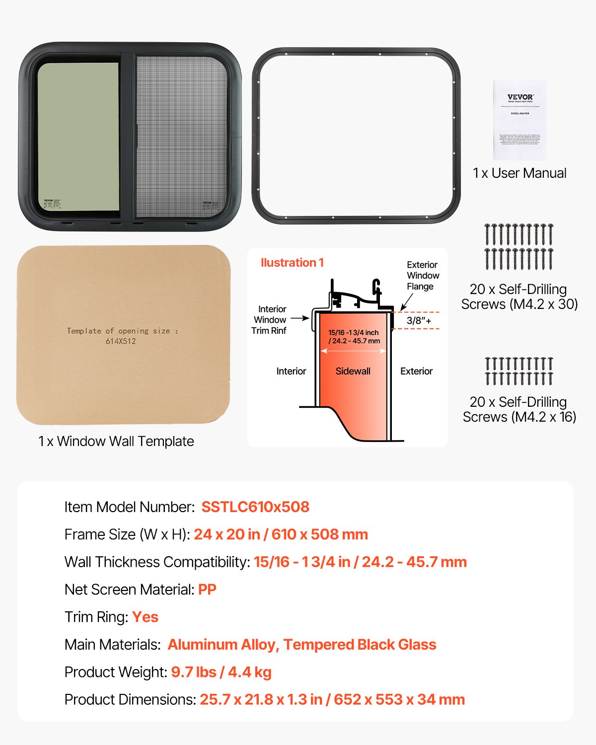 VEVOR Horizontal RV Window, 24" W x 20" H Tinted Sliding RV Window with Net Screen & Trim Ring, Fit 15/16"-1 3/4" Thickness Wall, RV Window Replacement for Teardrop Cargo Trailer Camper, DOT Approved