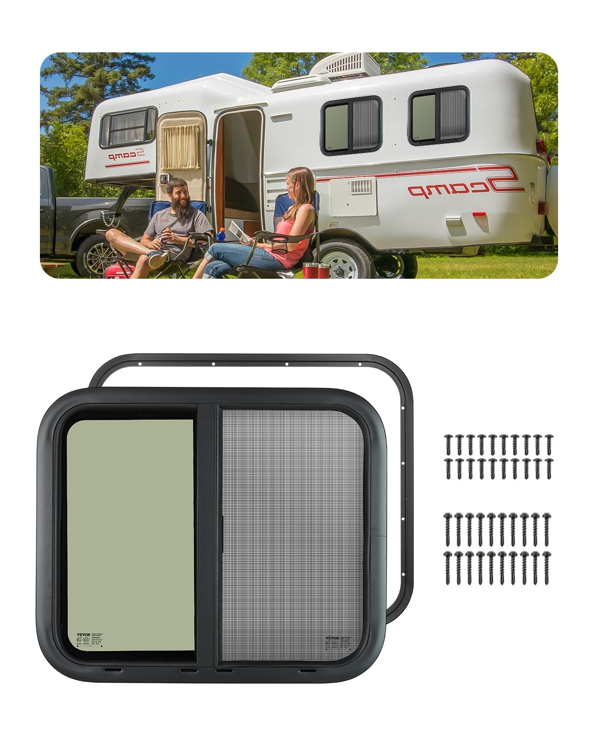 VEVOR Horizontal RV Window, 24" W x 20" H Tinted Sliding RV Window with Net Screen & Trim Ring, Fit 15/16"-1 3/4" Thickness Wall, RV Window Replacement for Teardrop Cargo Trailer Camper, DOT Approved