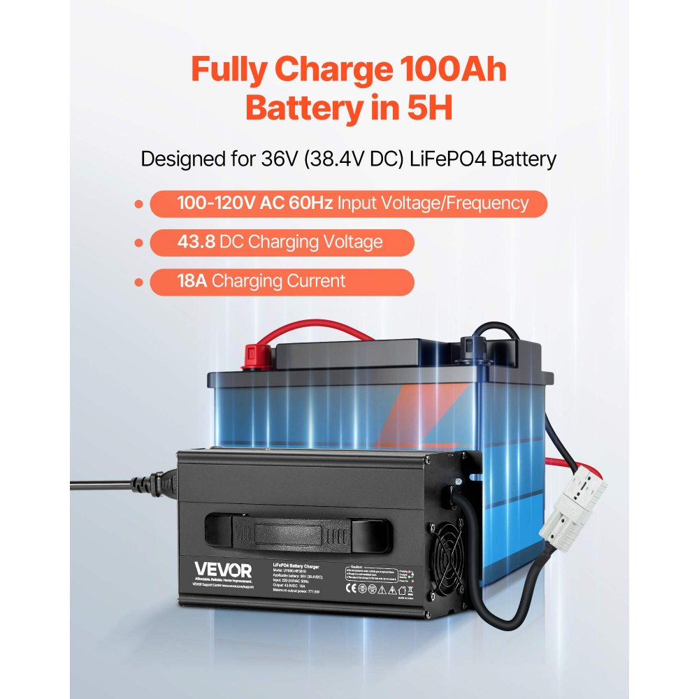 VEVOR 36V 18A Lithium Battery Charger, 43.8V, AC-DC LiFePO4 Smart Charger, with Anderson Connector, LED Indicator, 0V Activation, for Lithium LiFePO4 Deep Cycle Rechargeable Batteries of Boat, RV