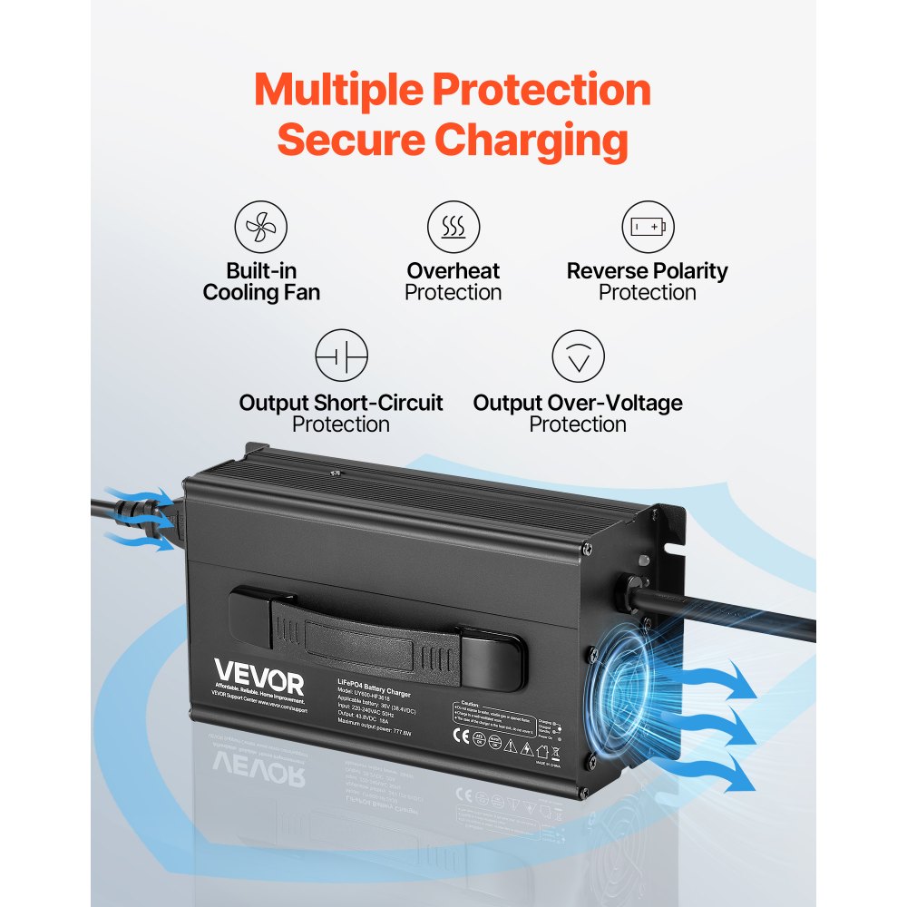 VEVOR 36V 18A Lithium Battery Charger, 43.8V, AC-DC LiFePO4 Smart Charger, with Anderson Connector, LED Indicator, 0V Activation, for Lithium LiFePO4 Deep Cycle Rechargeable Batteries of Boat, RV