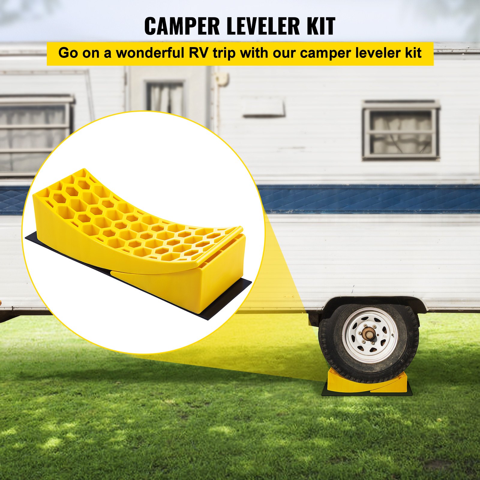 VEVOR Camper Leveler, 2 Pack RV Leveling Blocks, HDPE Curved Levelers,Include 2 Curved Levelers,2 Chocks,2 Rubber Grip Mats,Hold up to 35000 lbs,Fast and Precise Leveling for Camper RV Trailer