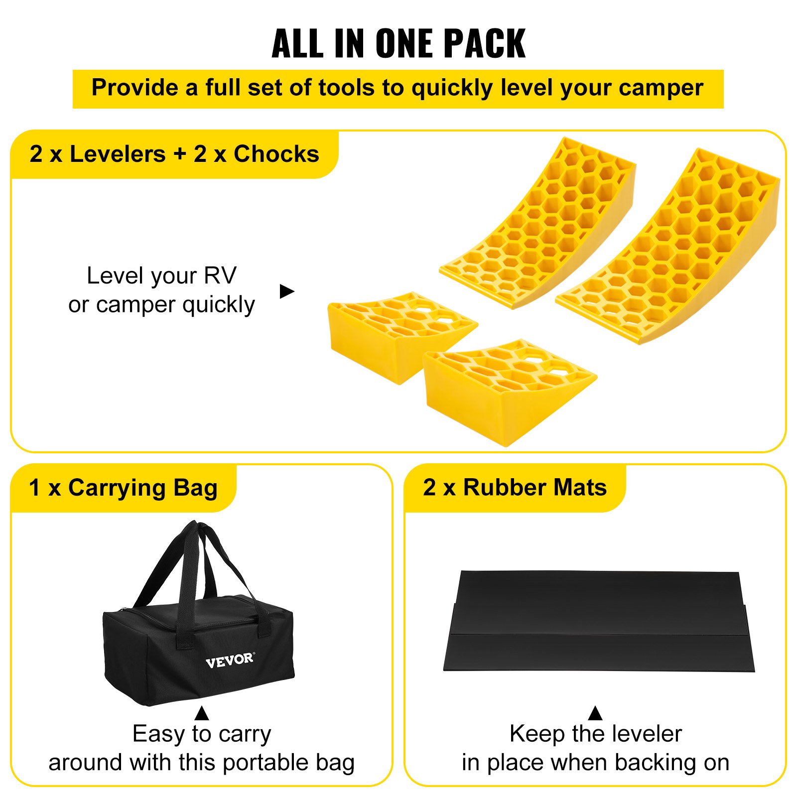 VEVOR Camper Leveler, 2 Pack RV Leveling Blocks, HDPE Curved Levelers,Include 2 Curved Levelers,2 Chocks,2 Rubber Grip Mats,Hold up to 35000 lbs,Fast and Precise Leveling for Camper RV Trailer