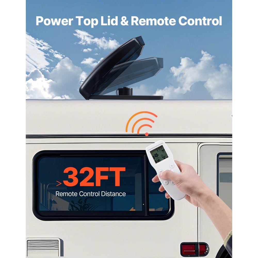 VEVOR RV Vent Fan, 355.6 mm RV Roof Vent Fan 12V, 10-Speed Reversible Fan with Remote Control, Built-in Rain Cover, Power Top Lid,304.8mm Fan Blade,Fits 355.6x355.6 mm Roof Openings