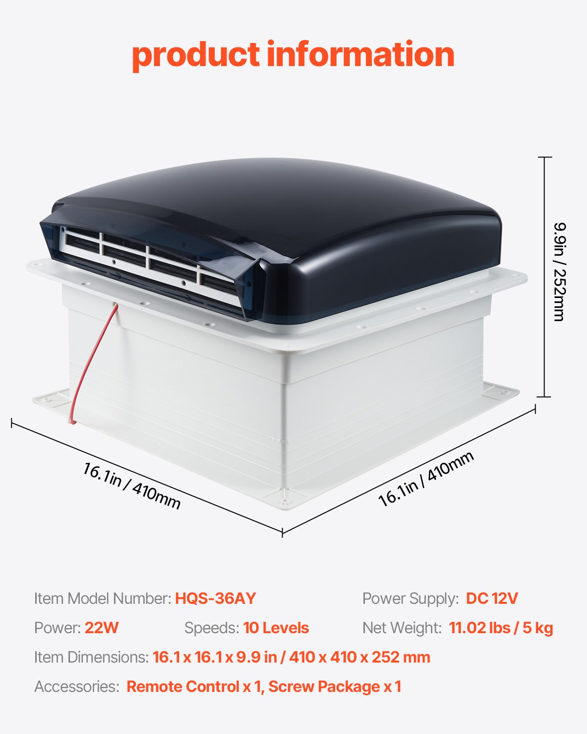 VEVOR RV Vent Fan, 355.6 mm RV Roof Vent Fan 12V, 10-Speed Reversible Fan with Remote Control, Built-in Rain Cover, Power Top Lid,304.8mm Fan Blade,Fits 355.6x355.6 mm Roof Openings