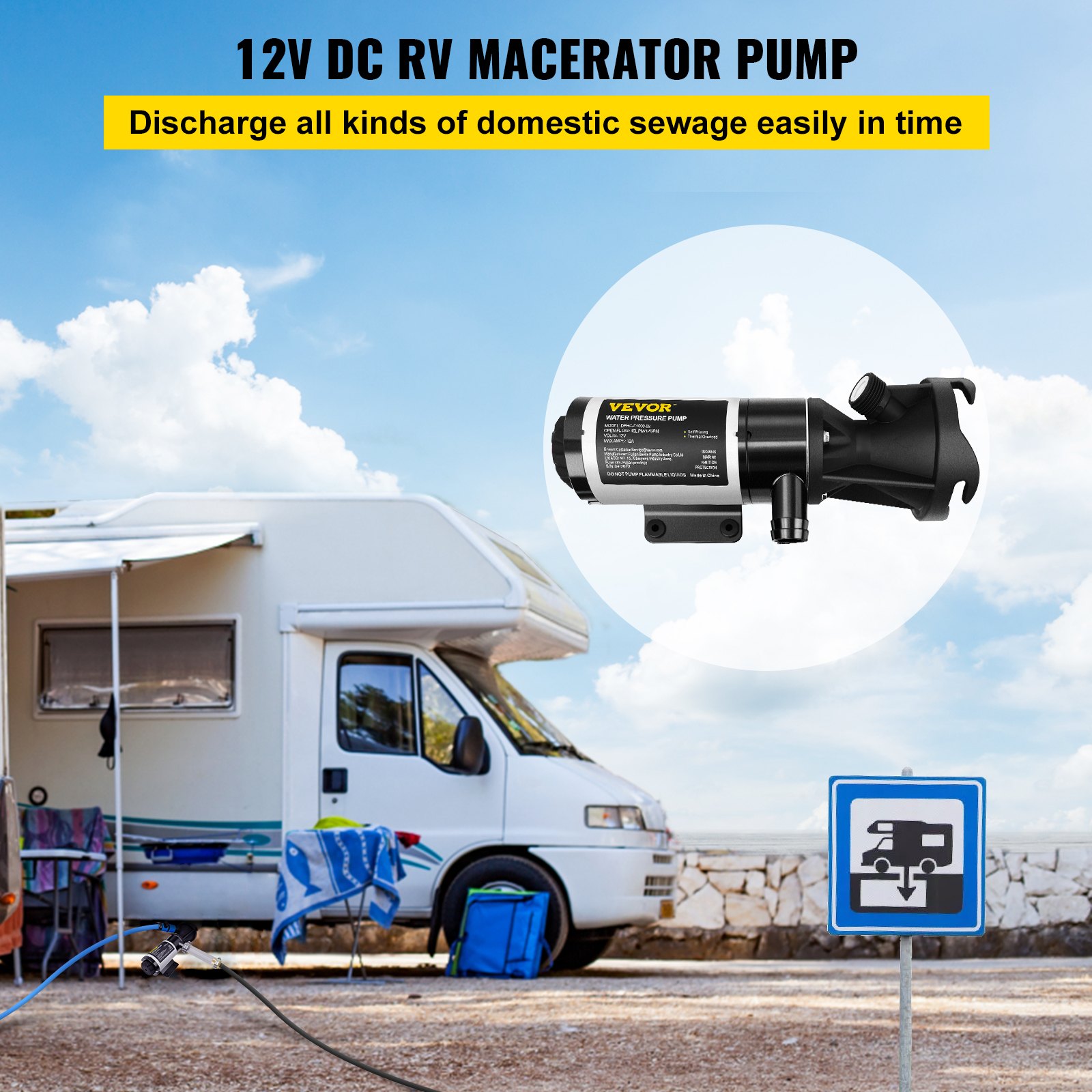 VEVOR RV Macerator Pump, 12V 12GPM Self-priming Water Waste Pumps w/RV Connector & Hose, 16 ft Lifting Height, 60s Dry Run Quick Release, Fresh Water Rinse & Manual Crushing Function, for RV Yacht