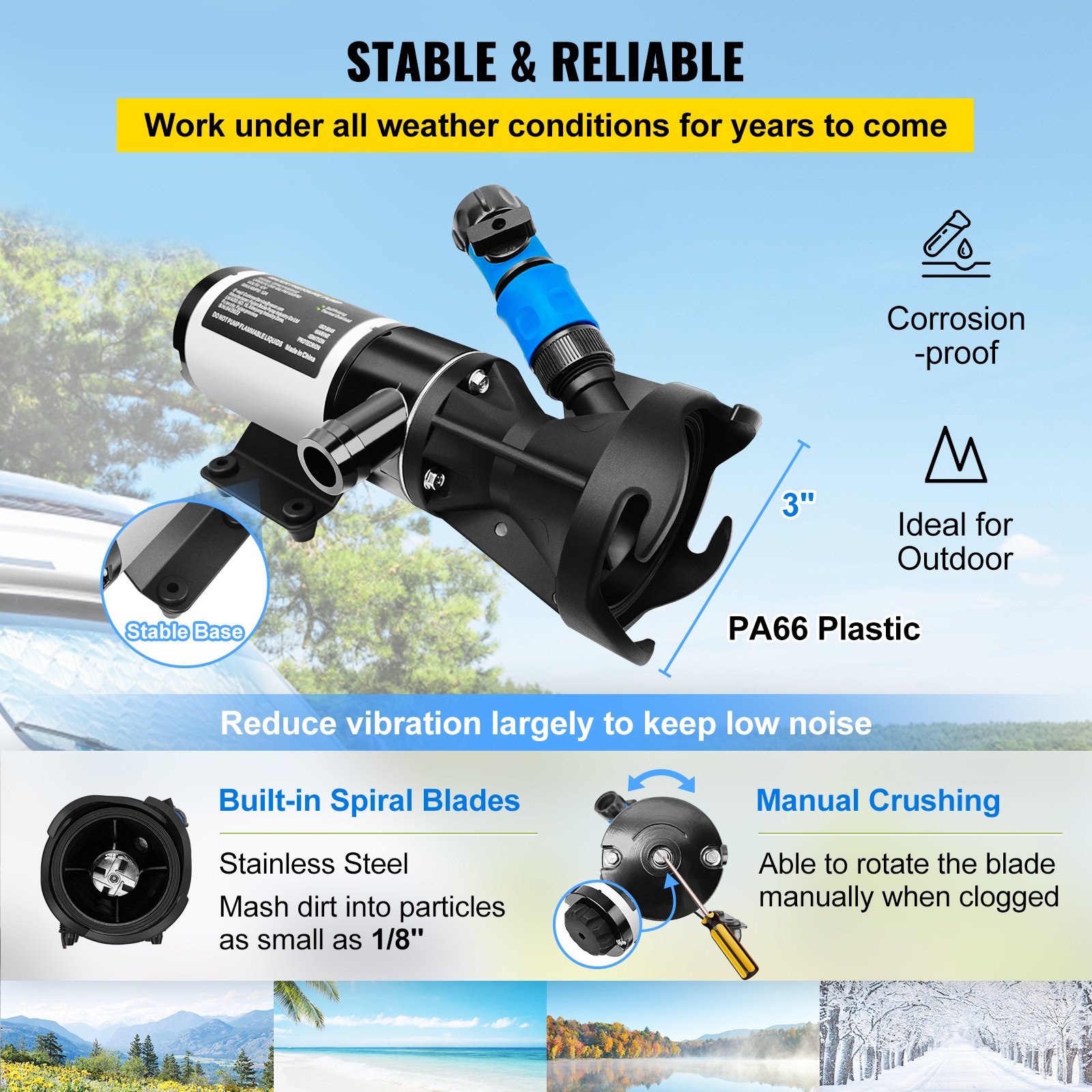 VEVOR RV Macerator Pump, 12V 12GPM Self-priming Water Waste Pumps w/RV Connector & Hose, 16 ft Lifting Height, 60s Dry Run Quick Release, Fresh Water Rinse & Manual Crushing Function, for RV Yacht
