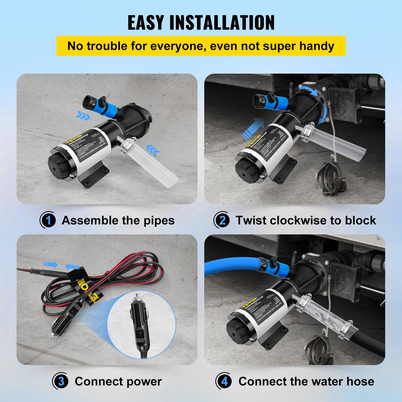 VEVOR RV Macerator Pump, 12V 12GPM Self-priming Water Waste Pumps w/RV Connector & Hose, 16 ft Lifting Height, 60s Dry Run Quick Release, Fresh Water Rinse & Manual Crushing Function, for RV Yacht