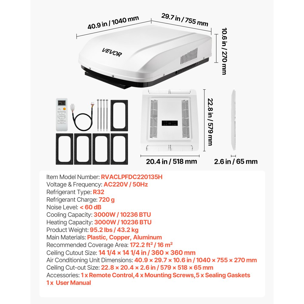 VEVOR RV Air Conditioner, 3000W RV AC Unit, 220V Non-Ducted Rooftop Air Conditioner with Heat Pump & Cooling, Variable Speed Easy Install Quiet AC Unit with ADB Button Control & Remote Control, White