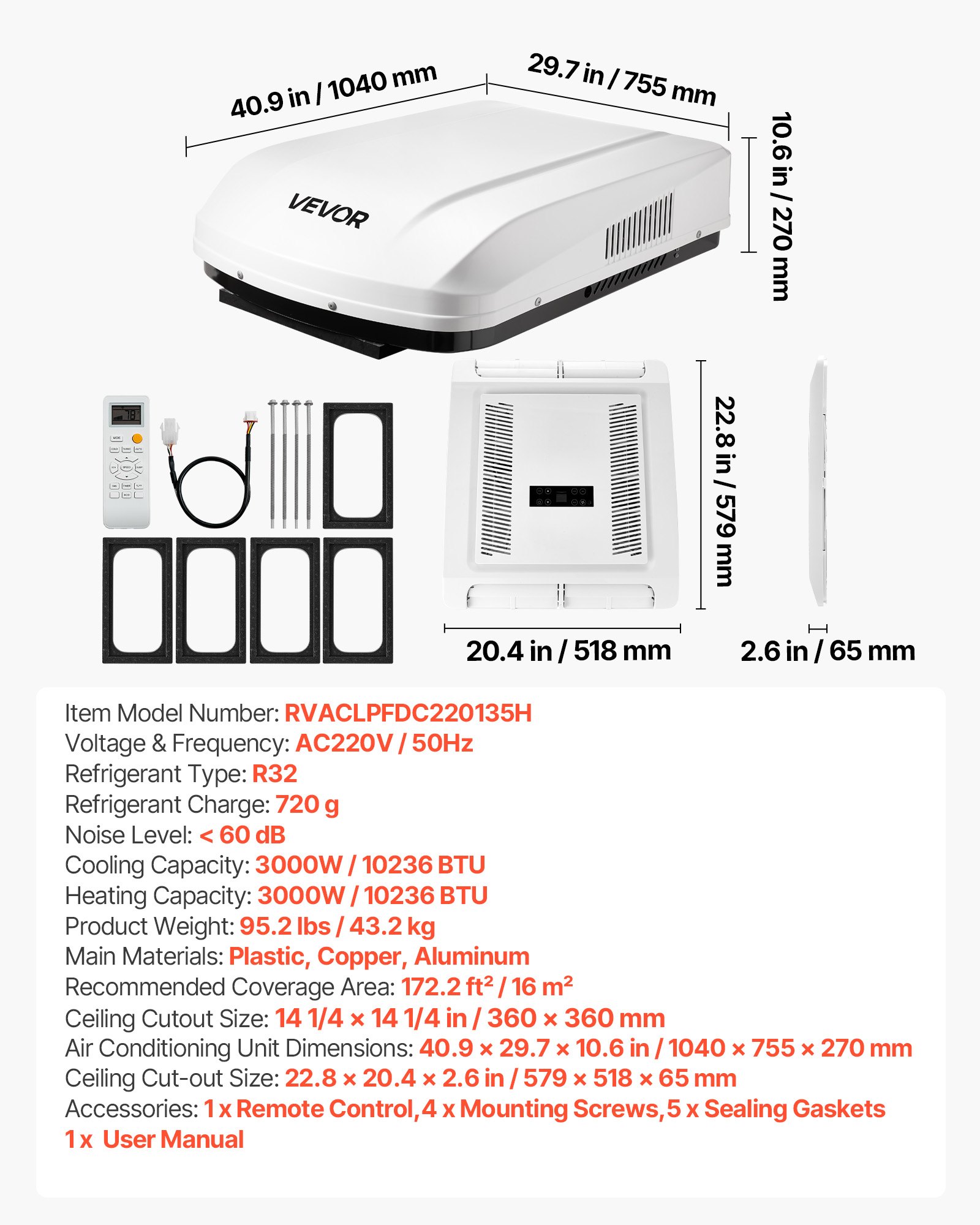 VEVOR RV Air Conditioner, 3000W RV AC Unit, 220V Non-Ducted Rooftop Air Conditioner with Heat Pump & Cooling, Variable Speed Easy Install Quiet AC Unit with ADB Button Control & Remote Control, White
