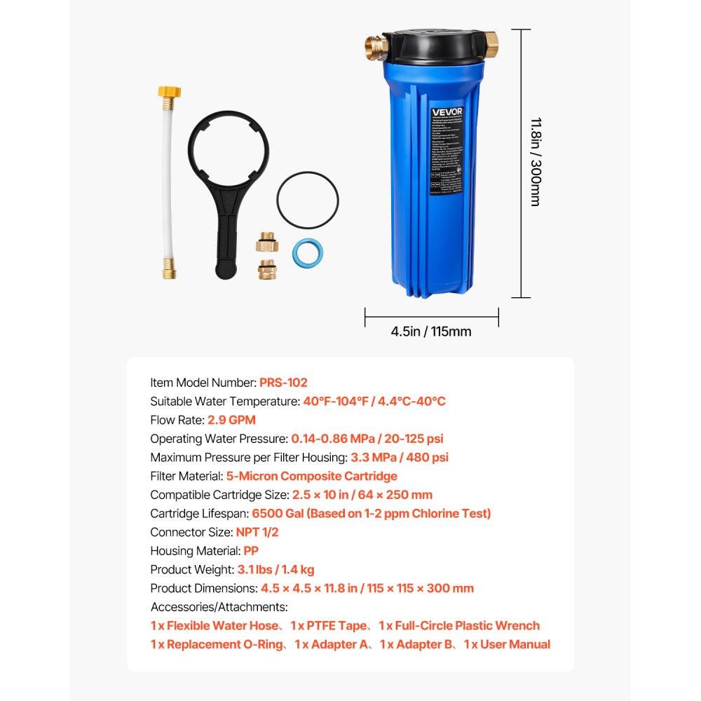 VEVOR RV Water Filtration System, Drinking/Washing Water Filter System for Campers, Remove Sediments, Chlorine, Bad Tastes, Odors, and Most Contaminants, RV Filter for RVs, Boats, Vans