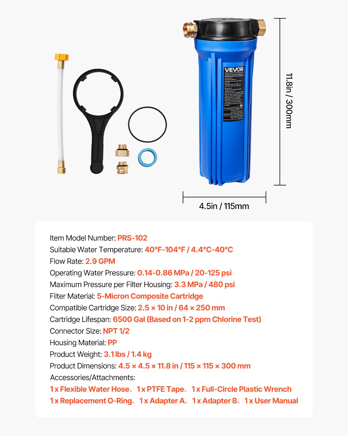 VEVOR RV Water Filtration System, Drinking/Washing Water Filter System for Campers, Remove Sediments, Chlorine, Bad Tastes, Odors, and Most Contaminants, RV Filter for RVs, Boats, Vans
