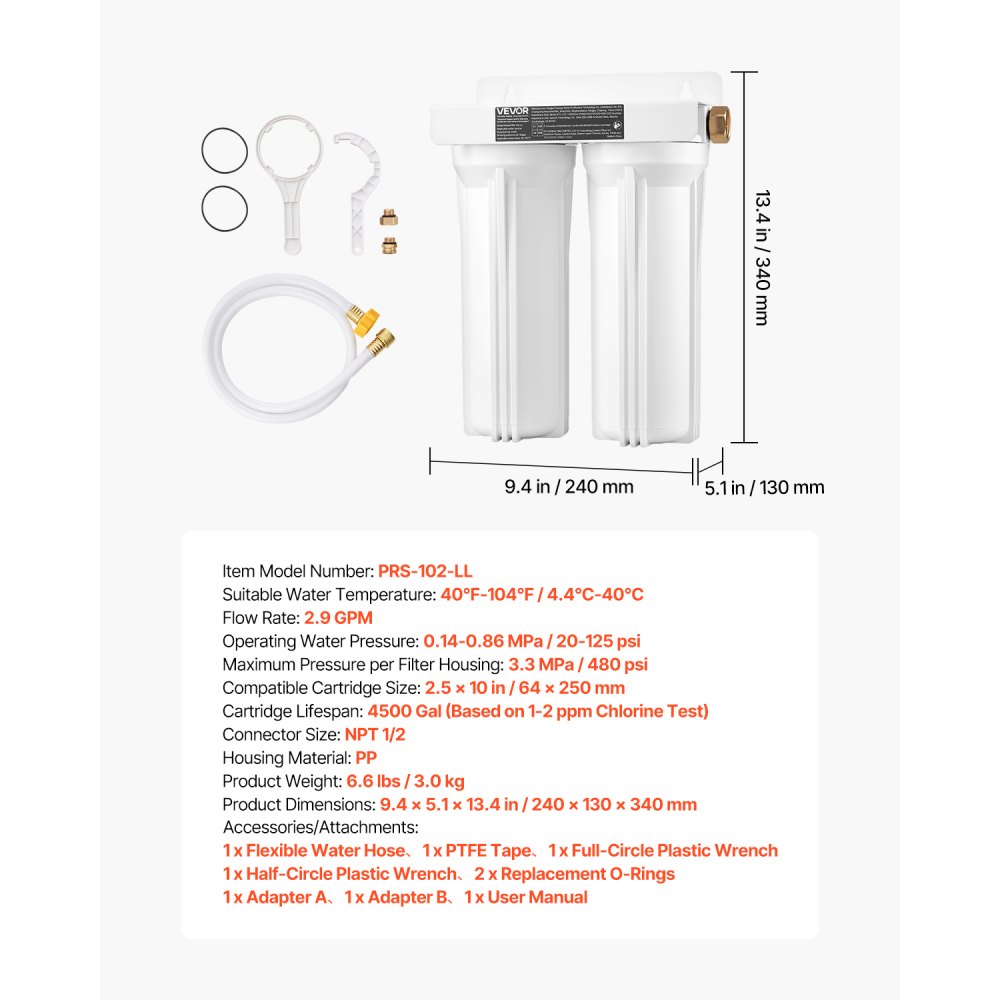 VEVOR RV Water Filtration System, 2-Cartridge Water Filter System for Campers, Remove Sediments, Chlorine, Bad Tastes, Odors, and Most Contaminants, RV Filter for RVs, Boats, Vans
