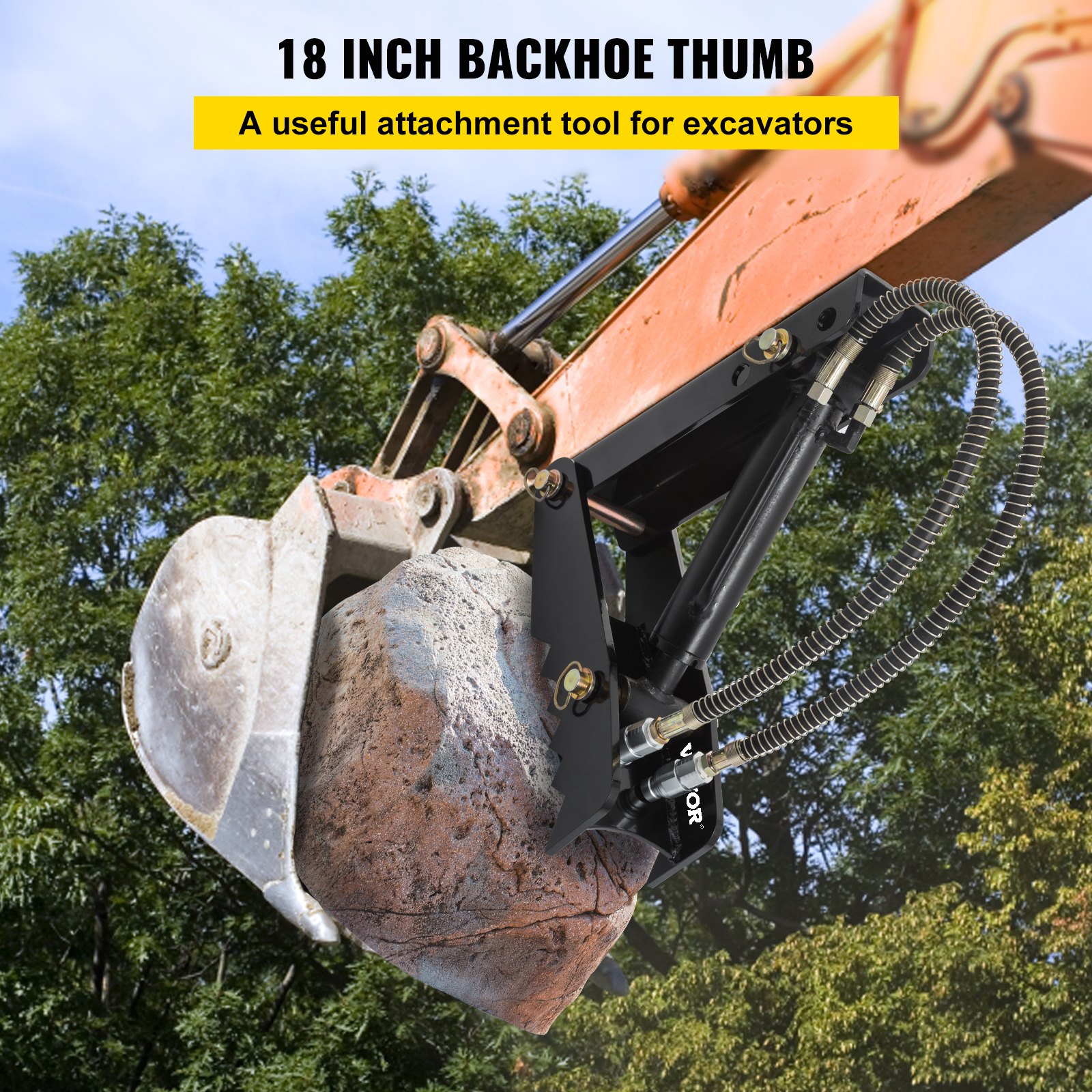 VEVOR Hydraulic Backhoe Thumb, 18 inch 1/2" Thickness Heavy Duty Excavator Thumb, Black Steel Weld On Thumb Attachments with Hydraulic Cylinder, Mechanical Hydraulic Thumb for Backhoe/Excavator