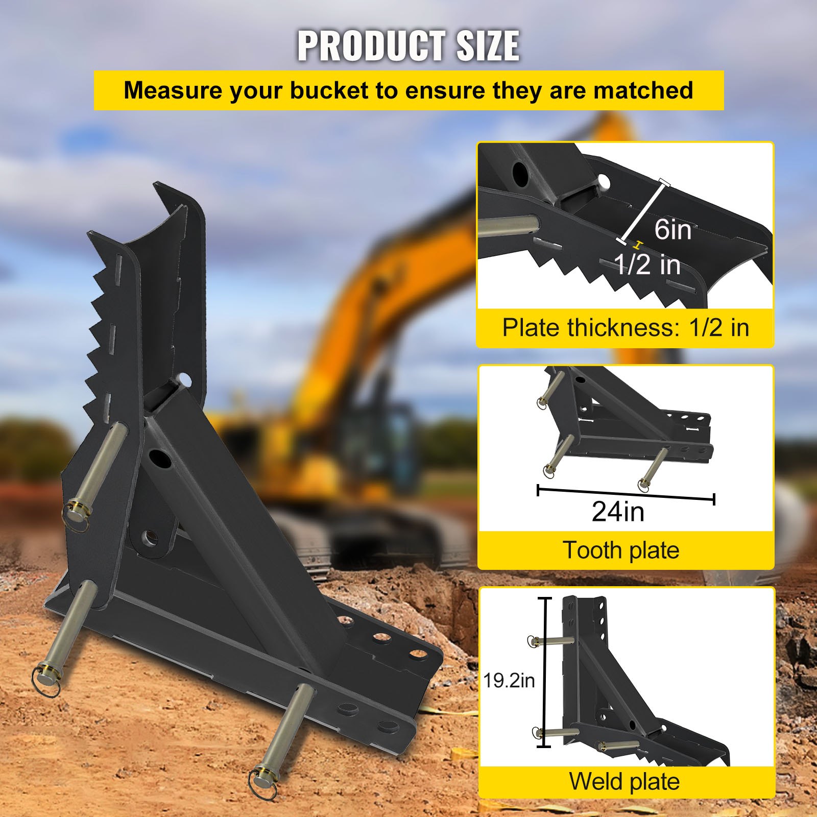VEVOR Excavadora retroexcavadora de 24 pulgadas Accesorios para pulgar Soldadura Dientes de 1/2 pulgada Conjunto de placa de acero grueso Corte por plasma CNC Diseño atornillado